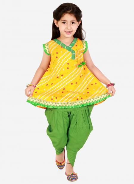 Yellow And Green Colour KID1 Mira Frilly Festive Wear Sleeves Peplum Top with Dhoti Girls Collection K22DG188YE